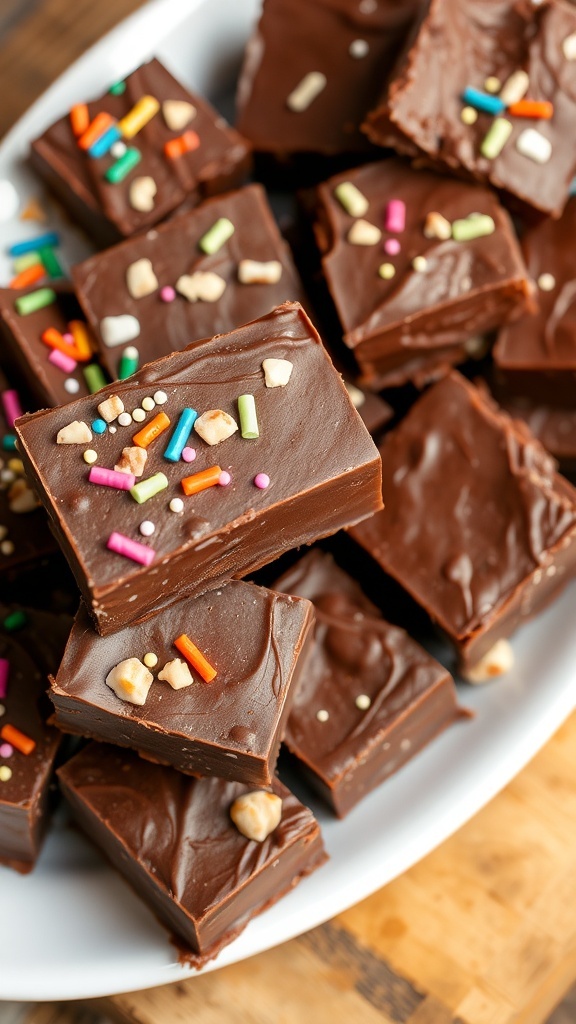 Delicious chocolate fudge squares with sprinkles and nuts on a wooden plate.